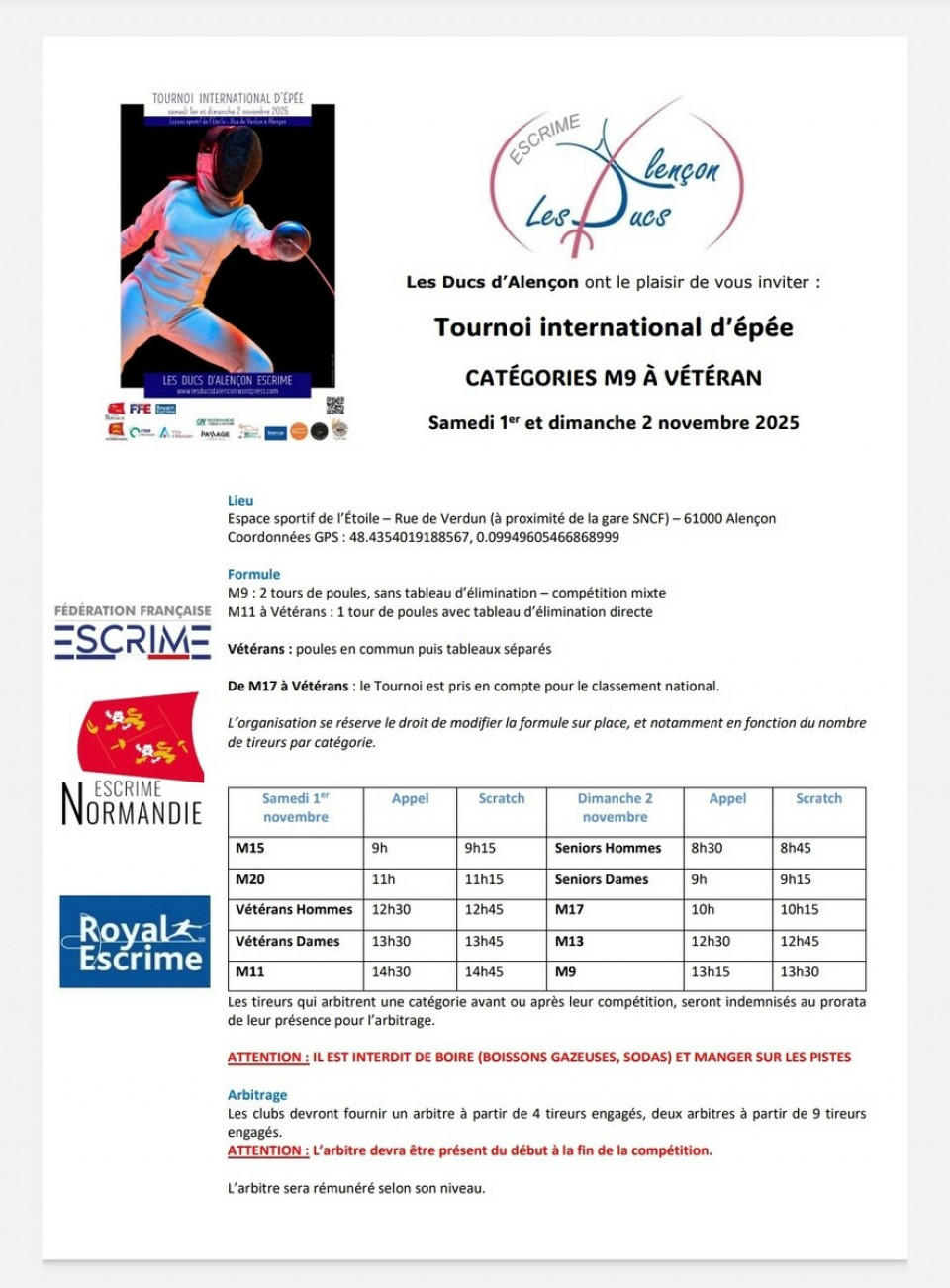 TOURNOI INTERNATIONAL D'ÉPÉE À ALENÇON – 1er & 2 NOVEMBRE 2025